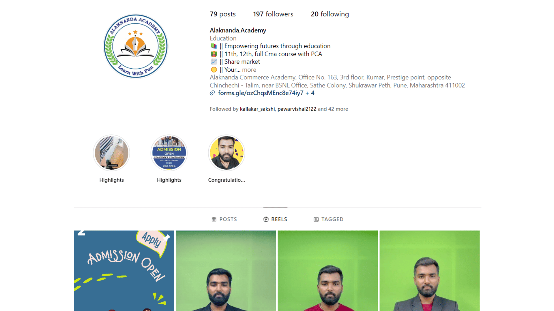 Alakananda Academy instagram Profile by Amol Kulkarni